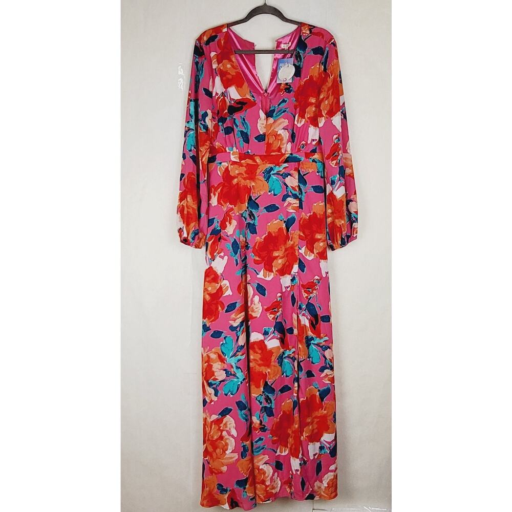 En Creme Brielle magenta floral long sleeve side slit vneck maxi dress large